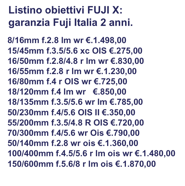 FUJI OBIETTIVI XF LISTINO PREZZI 